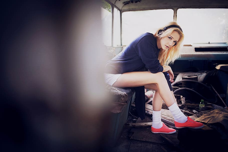 Sitting inside. Girls short Socks in the car.