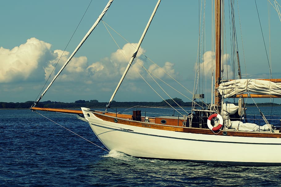 clouds, boat, sky, sea, water, vacations, blue, ship, travel HD wallpaper