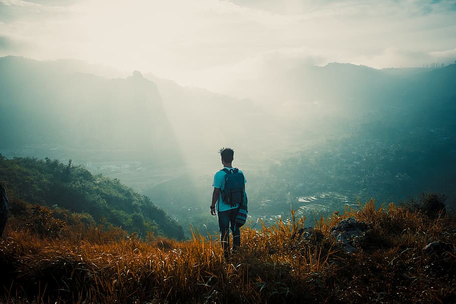 one person, mountain, rear view, scenics - nature, beauty in nature HD wallpaper