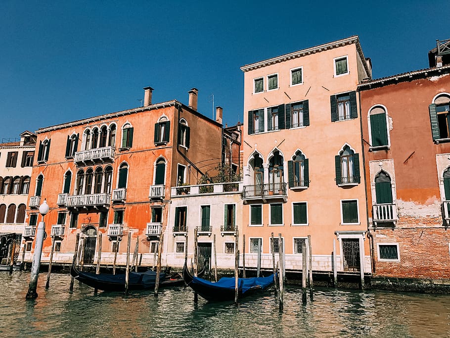 orange concrete building, transportation, boat, vehicle, venezia HD wallpaper