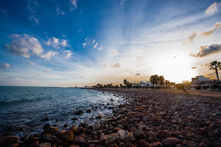 Scenic View of Sea Against Sky during Sunset, beach, buildings HD wallpaper