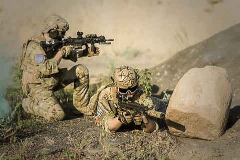 Military Sniping Near Rock, action, armed, army, battle, camouflage HD wallpaper