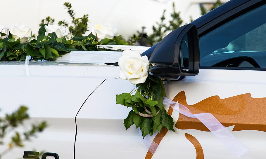 wedding car, auto, floral decorations, bridal cars, dare, white, HD wallpaper