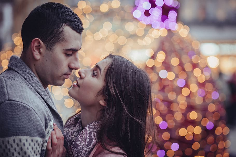 Young Couple Kissing in City at Night, celebration, girl, happiness