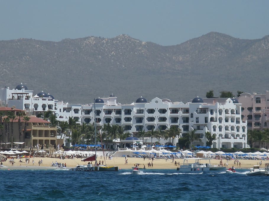mountains, beach, mexico, hotel, nautical vessel, water, transportation HD wallpaper