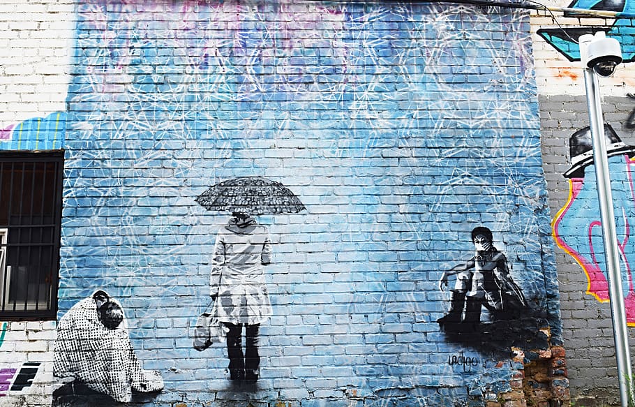 three people murals, brick, wall, human, person, graffiti, new york