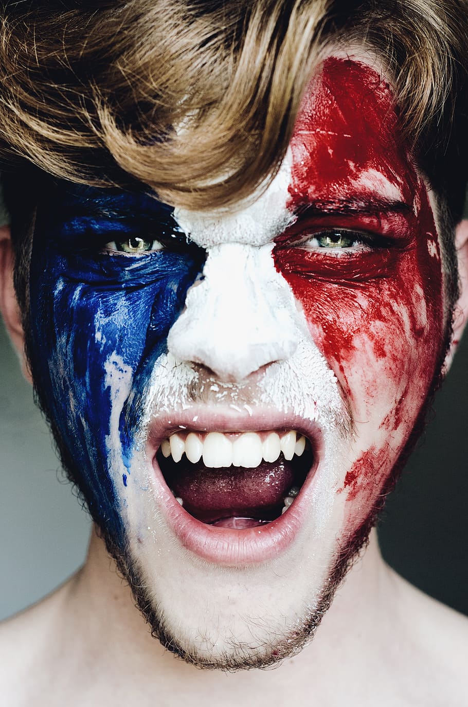 man with face paint, male, french flag, world cup, portrait, blonde hair
