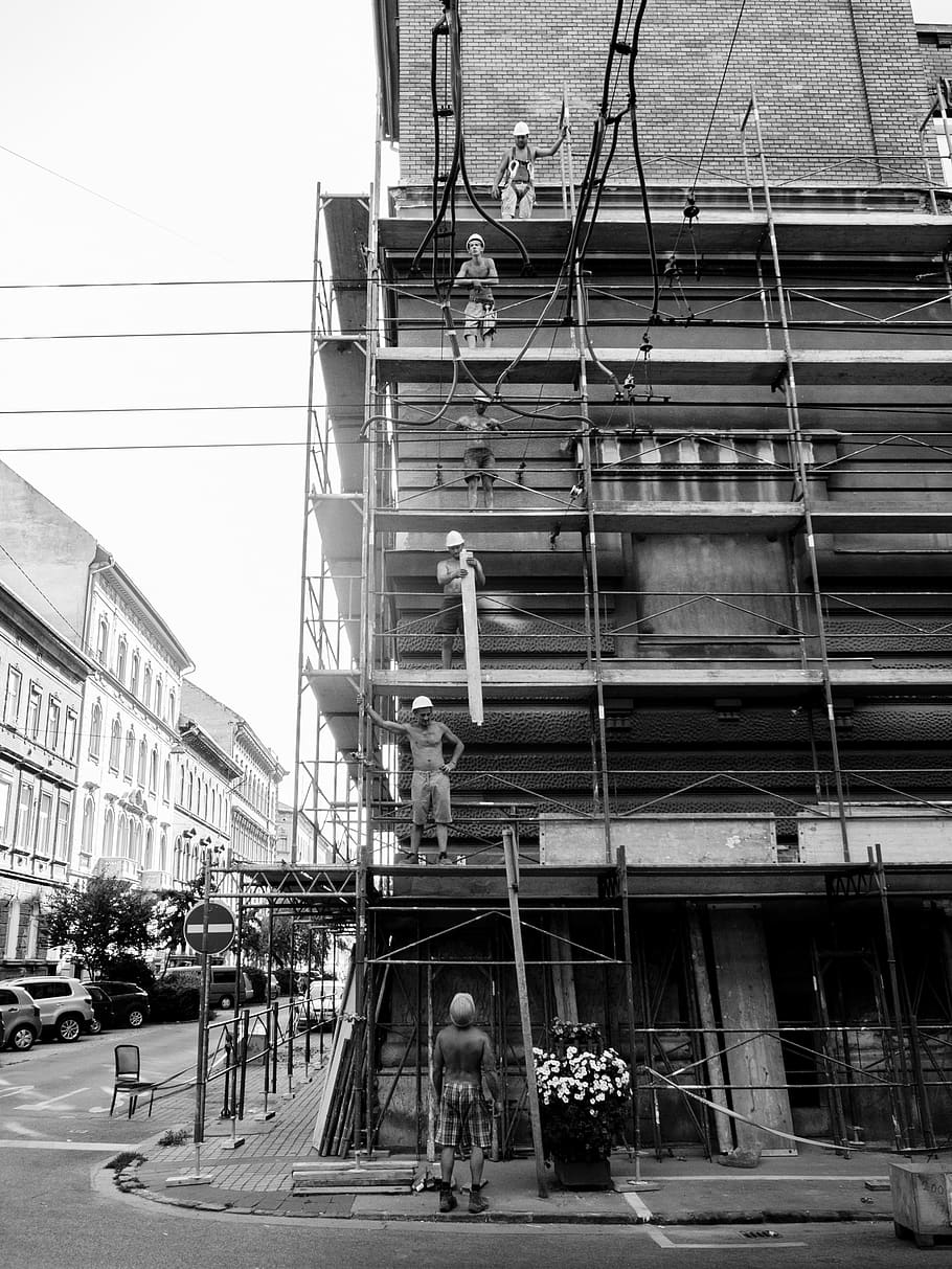 budapest, hungary, street photography, scaffolding, workmen