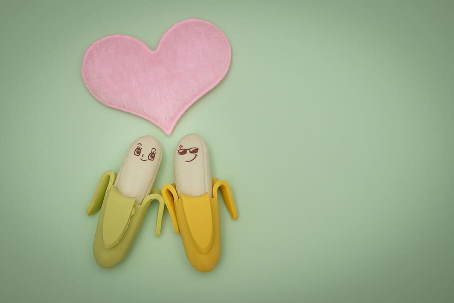 Two Green and Yellow Bananas Plastic Figures, art, artsy, background, HD wallpaper