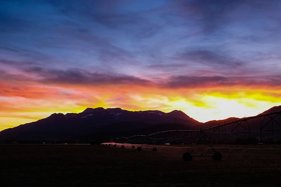 sunset, landscape, mountain, mountains, farm, agriculture, sky HD wallpaper