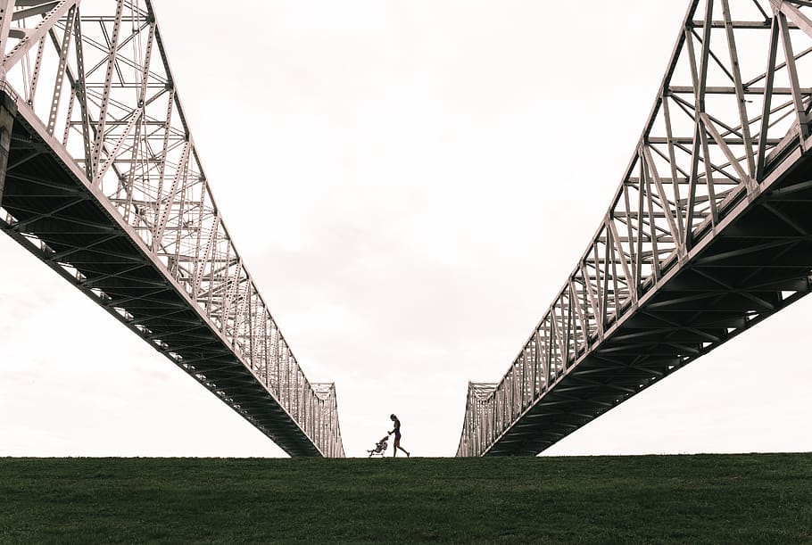 bridge, architecture, structure, steel, sky, grass, stroller HD wallpaper