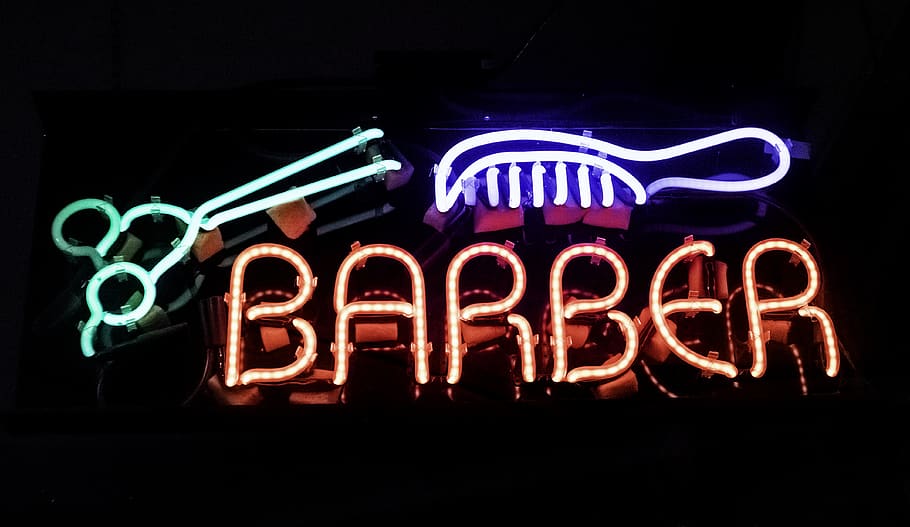 neon, light, sign, night, comb, barber, dark, glow, scissors