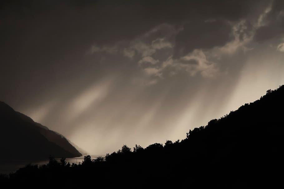 ray, mountain, trees, silhouette, clouds, sky, beauty in nature HD wallpaper