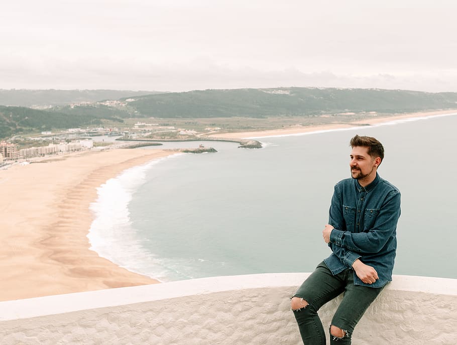 man sitting on bridge, people, human, person, beach, portugal HD wallpaper