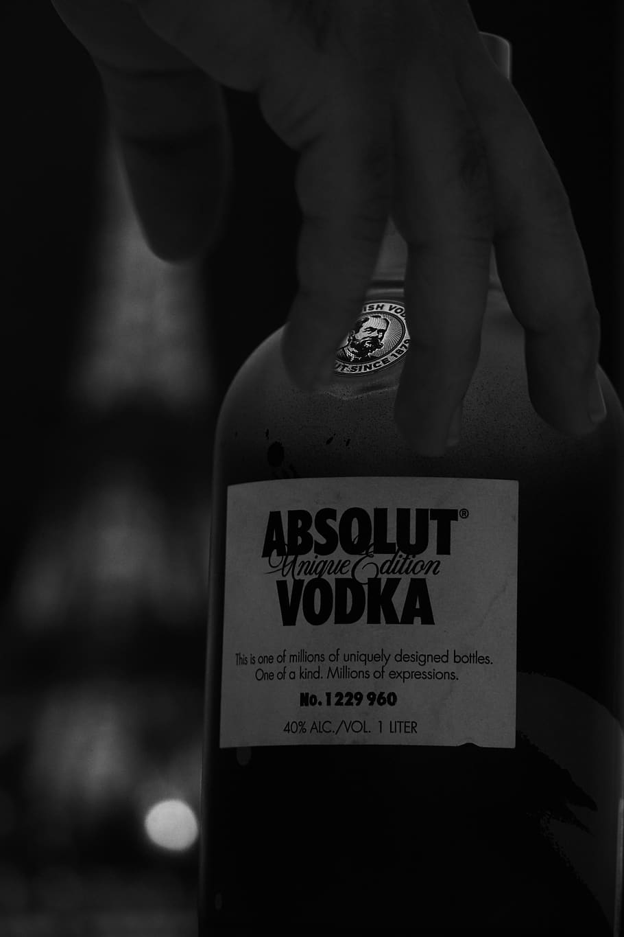 finger, person, human, alcohol, bottle, glass, black and white