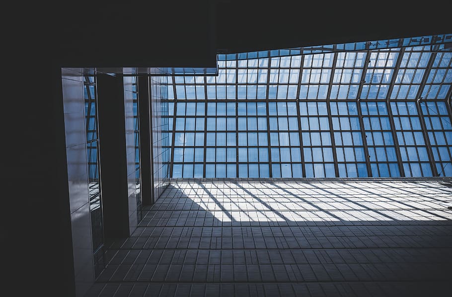 clear glass wall, building, window, skylight, convention center HD wallpaper