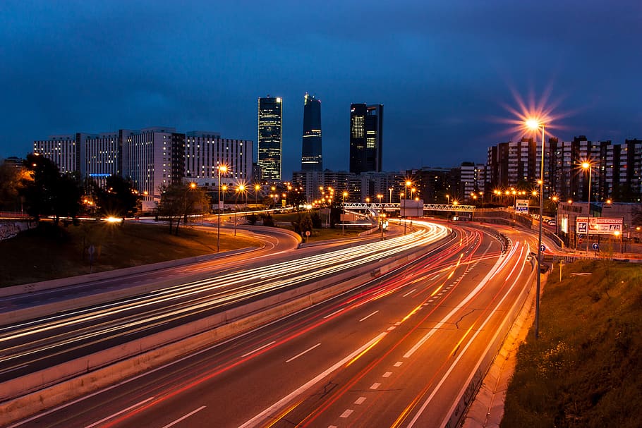spain, madrid, four towers business area, skyscrapper, road, HD wallpaper