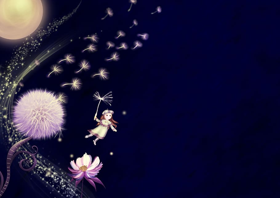 fantasy, dandelion, moon, flower, girl, flying, copy space, HD wallpaper