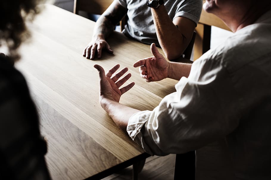 People Sitting in Front of Wooden Table, blur, brainstorming HD wallpaper
