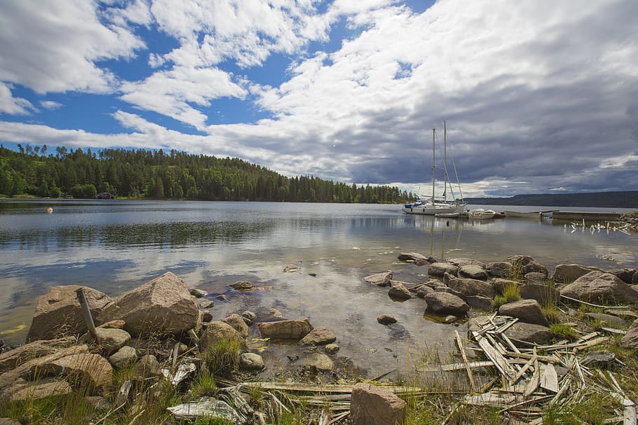 cloudscape, view, amazing, nature, sweden, yacht, lake, water HD wallpaper