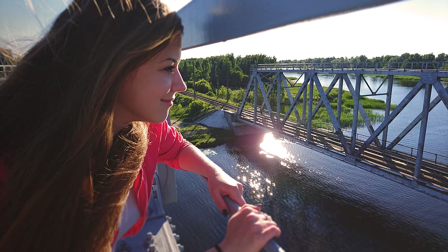 latvia, riga, forest, train, bridge, steel, girl, woman, nature HD wallpaper