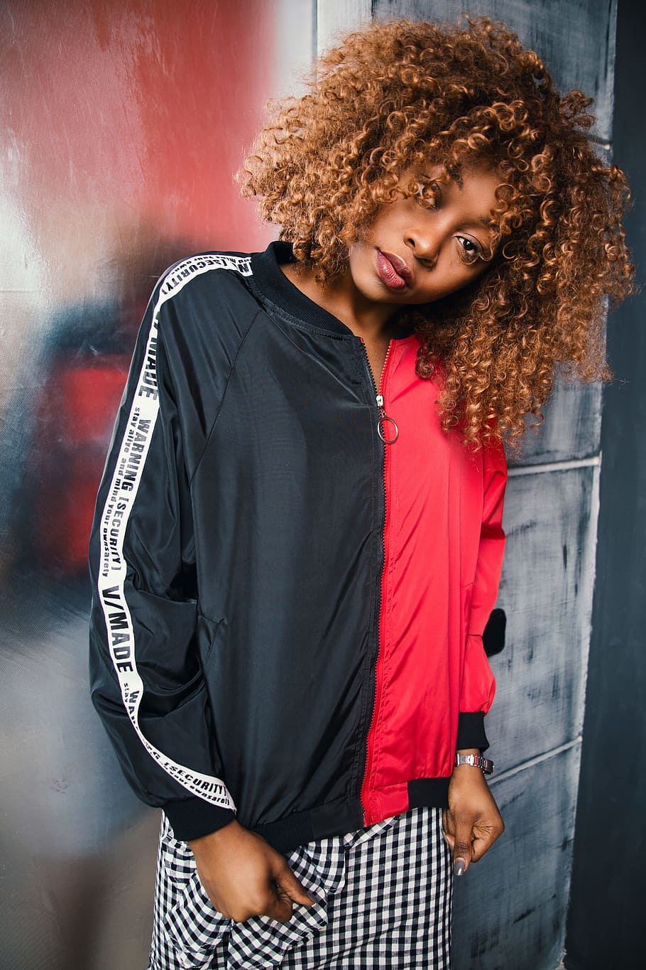 Woman Wearing Black and Red Zip-up Jacket, afro, close -up, curly hair, HD wallpaper