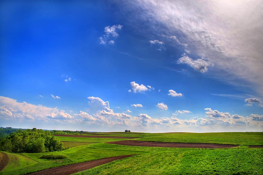 sky, clouds, summer, farm, landscape, nature, green, blue, field HD wallpaper