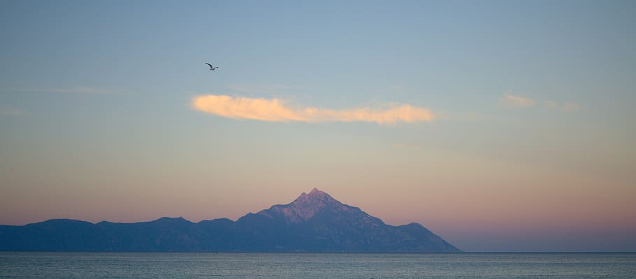 mount athos, greece, cloud, seagul, gradient, mountain, panorama, HD wallpaper