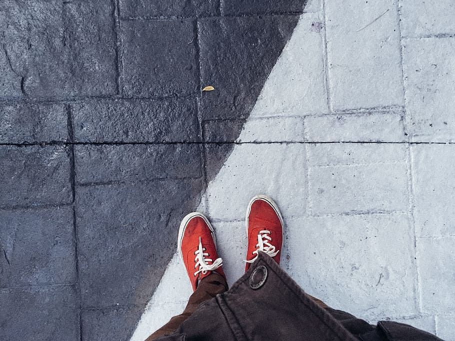 person standing on grey concrete floor, divided, line, view, point HD wallpaper