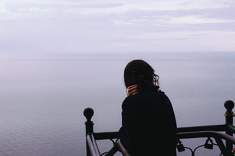 Girl watching sea, back, background, baltic, beach, beautiful HD wallpaper