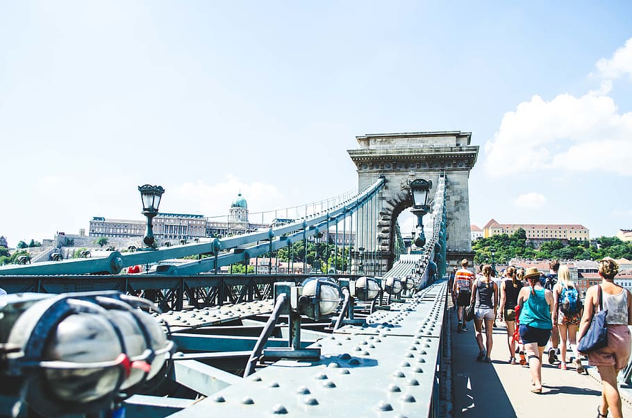 people on bridge, hungary, budapest, outdoors, scenery, nature HD wallpaper