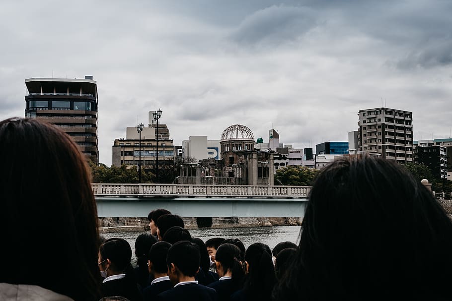 japan, hiroshima-shi, atomic bomb dome, kids, singing, city