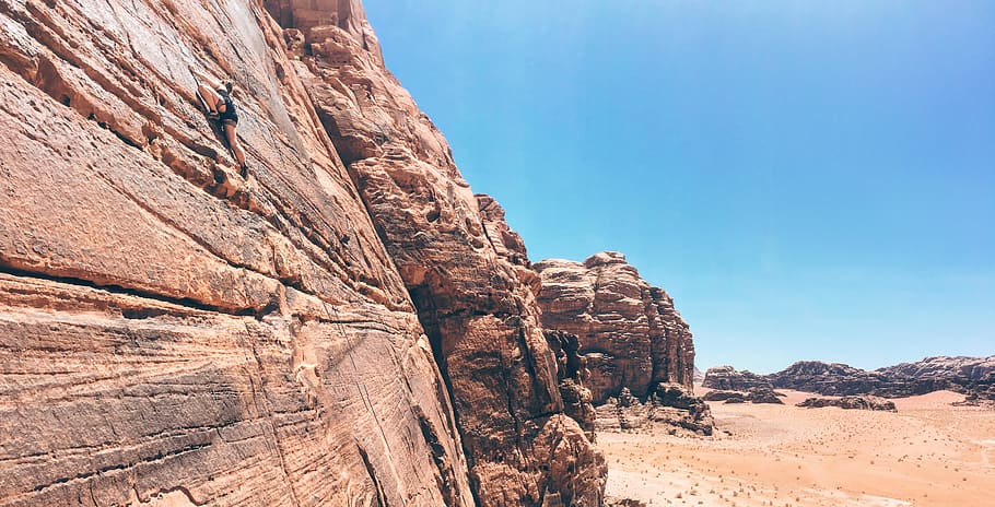 jordan, rum, cliff, climbing, sandstone, panorama, rock, rock - object HD wallpaper