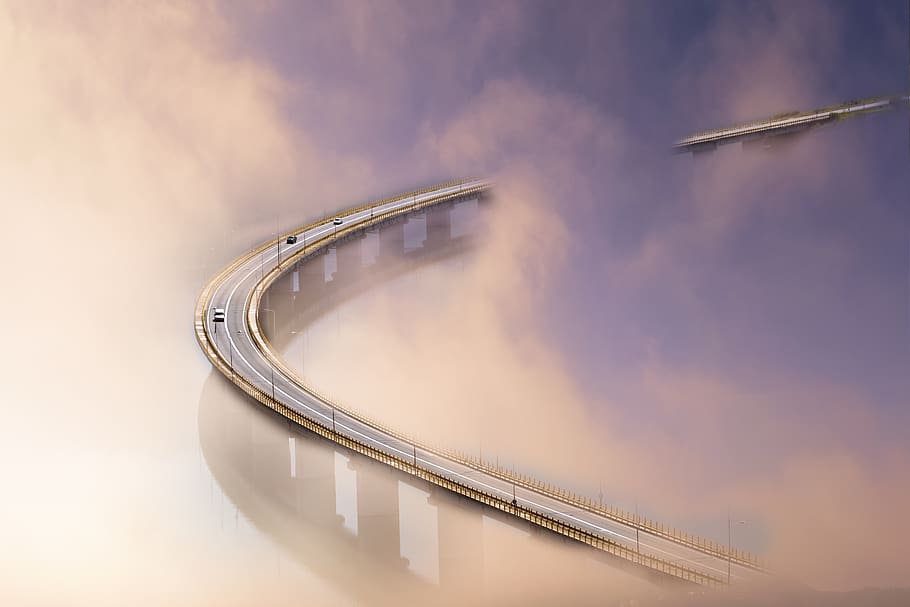 bridge, river, fog, architecture, water, lights, building, panorama HD wallpaper