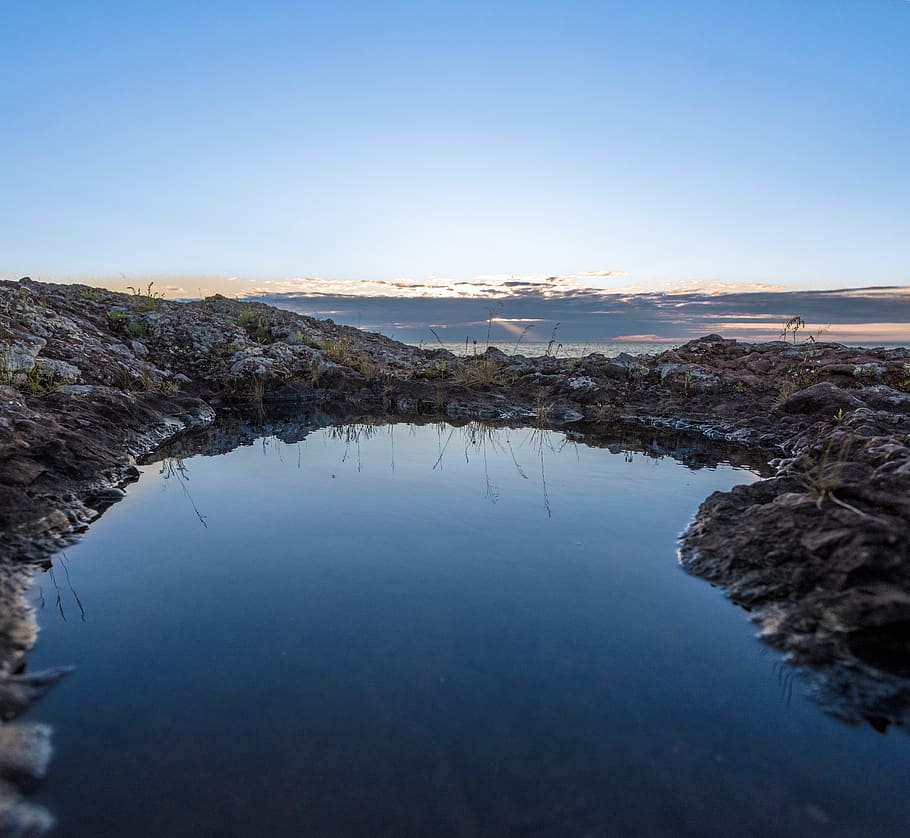 puddle, water, sunset, reflection, dark, deep, rocky, nature HD wallpaper