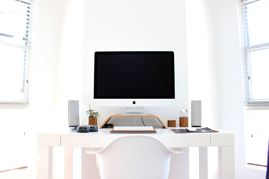 apple, chair, computer, desk, table, technology, workspace