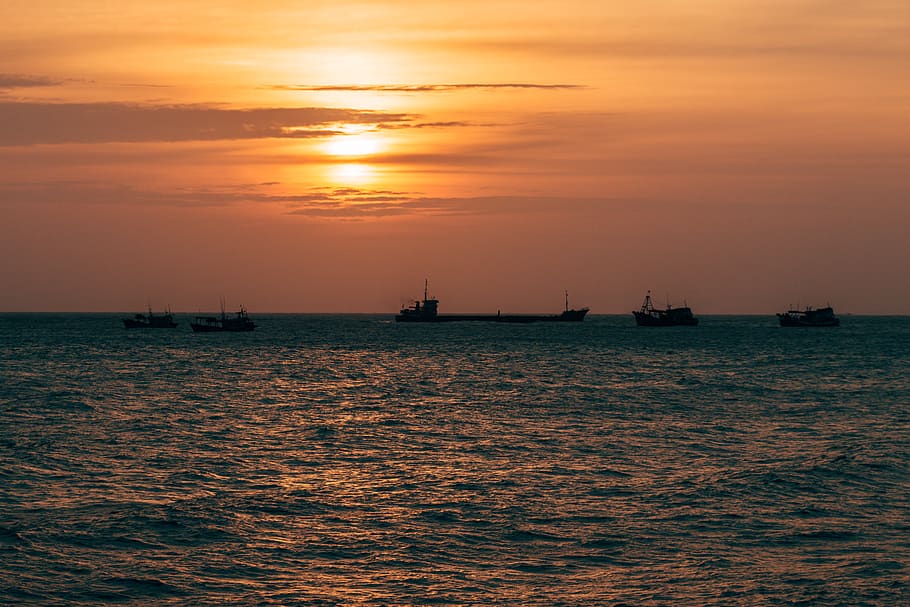 sunset, sea, boat, wave, landscape, water, nautical vessel HD wallpaper
