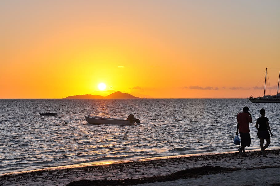 seychelles, praslin, sea, sunset, island, walk, boat, sky, water, HD wallpaper
