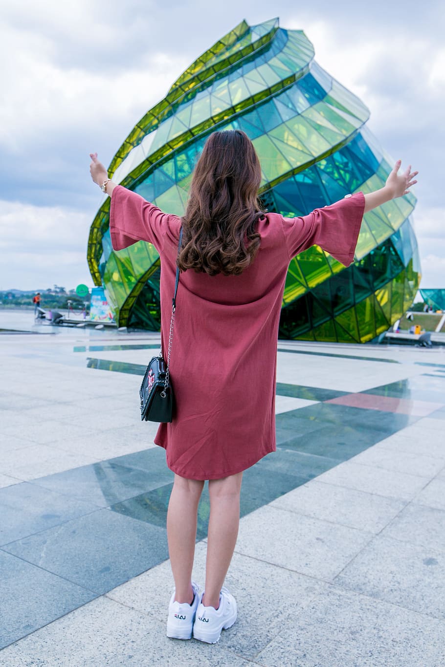 Woman Standing In-front of Glass Building, back view, bag, cute HD wallpaper