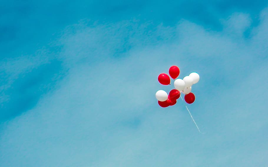 White and Red Balloons, blue sky, bright, clouds, color, daylight HD wallpaper