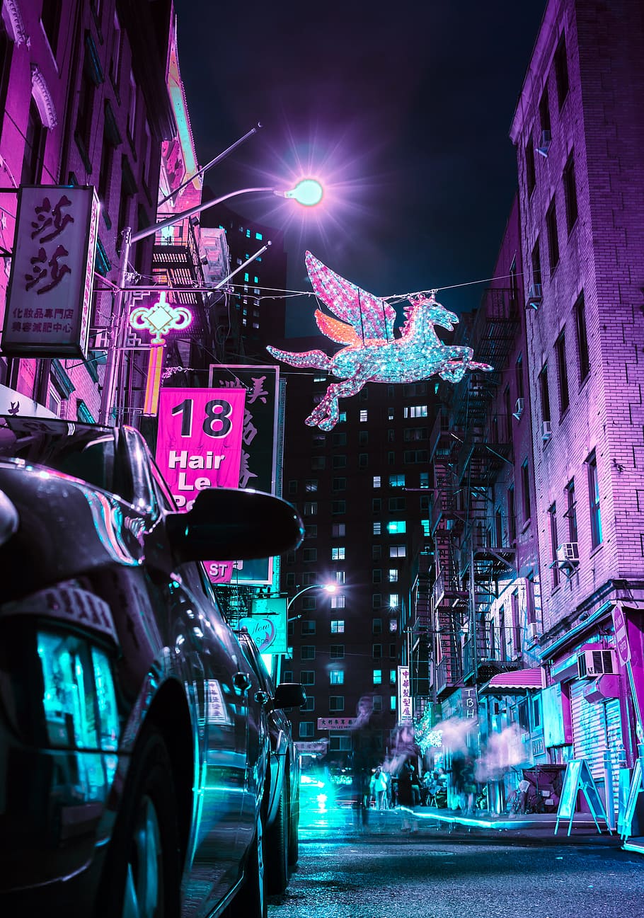unicorn flying near road, street, sign, car, wing, neon, cyberpunk