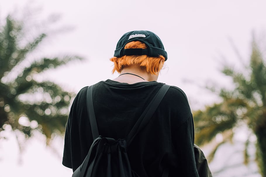 Person in Black Top Wearing Backpack Outdoors, back view, black t-shirt HD wallpaper