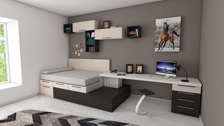 White and Black Desk Beside Bed and Window, apartment, bedroom
