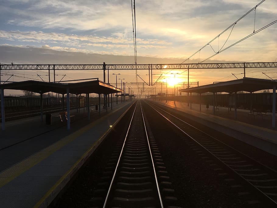 tracks, transportation, sunset, rail transportation, sky, railroad track HD wallpaper