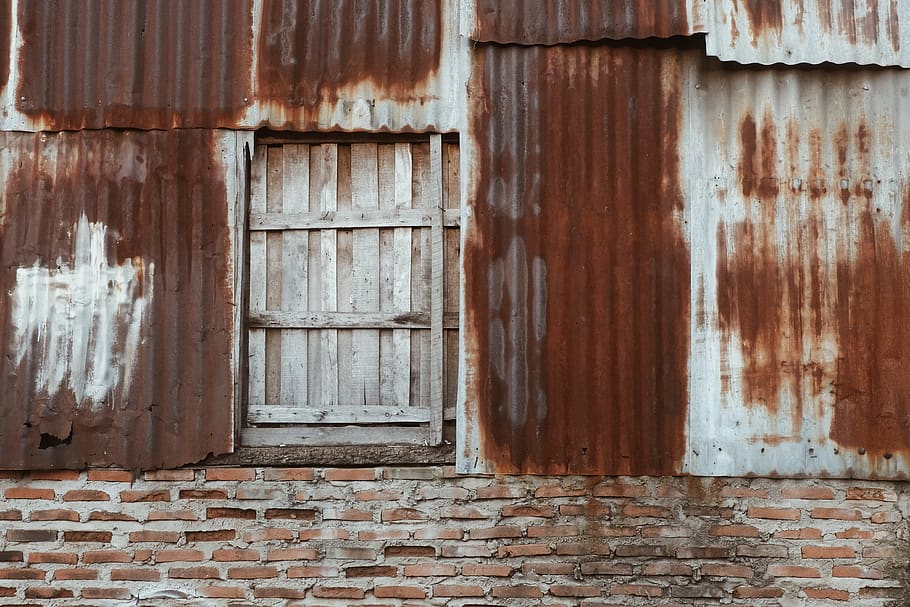 closed door of corrugated iron sheet building, brick, indonesia, HD wallpaper