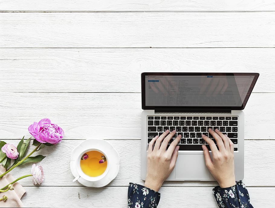 Macbook Pro Beside White Cup And Saucer On Table, beverage, flower HD wallpaper