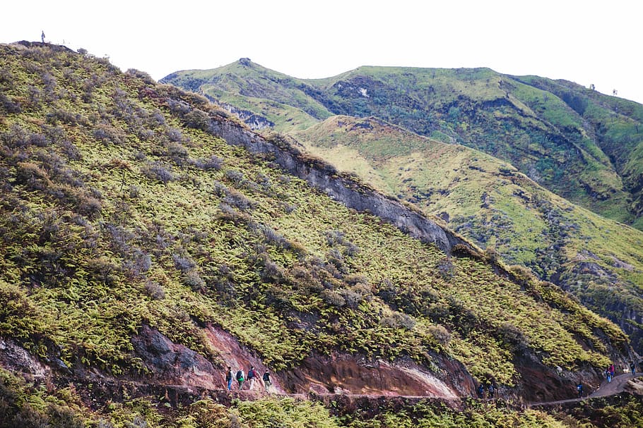 Green mountain trail with trekkers, adventure, cloud, edge, hill, HD wallpaper