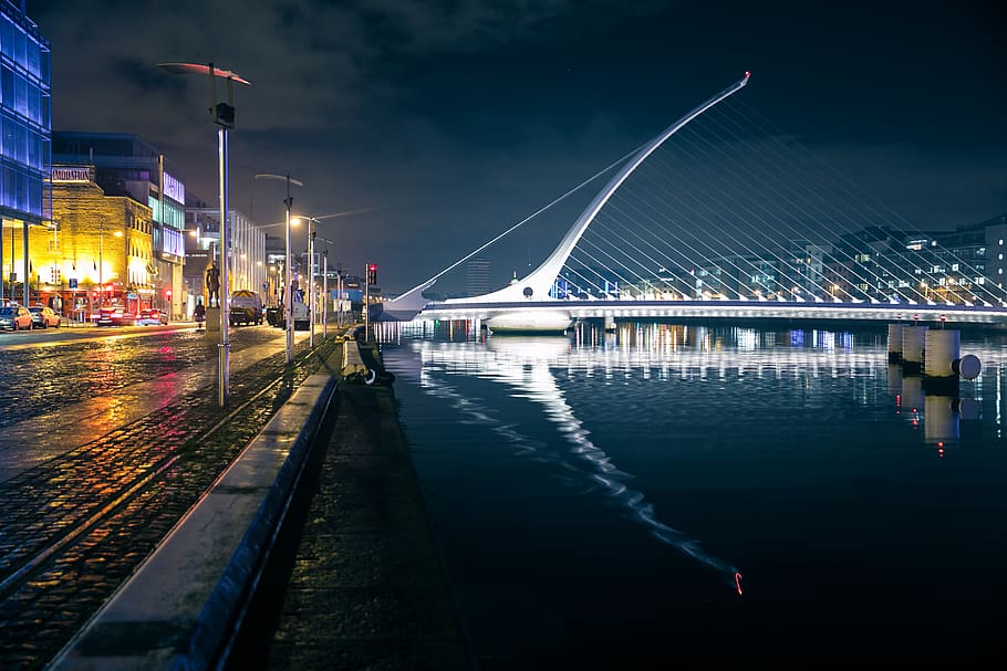 ireland, dublin, samuel beckett bridge, night, reflection, illuminated, HD wallpaper