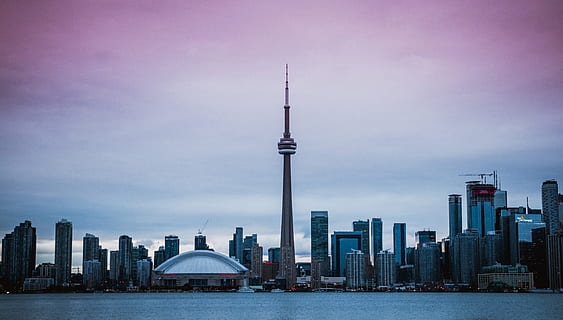 canada, toronto, fall, pink, blue, cn, lake, view, landscape HD wallpaper