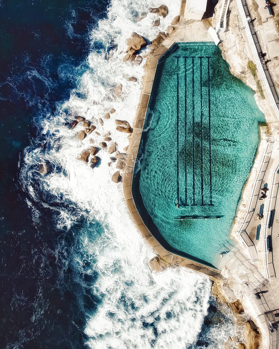 pool beside beach, aerial, ocean, shore, rock, bronte, sydney